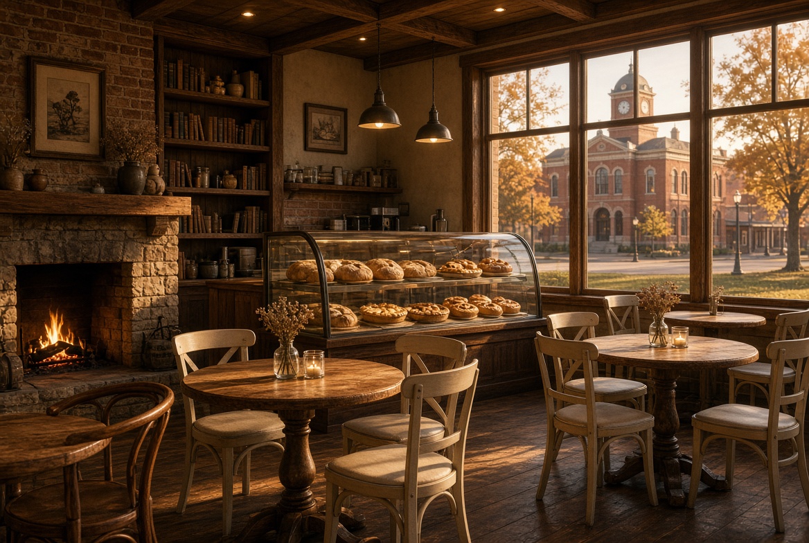 Cornelia’s café: fire, bakery case, and the courthouse through the window
