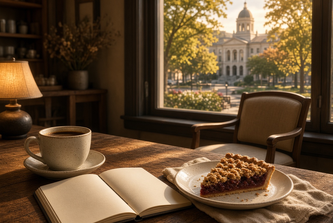 Coffee, pie, and an open notebook at the window table