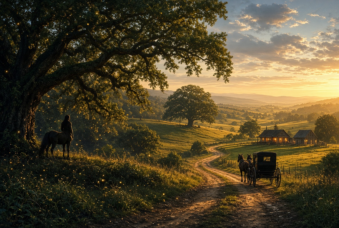 A hidden valley at golden hour, a carriage on a country road, and a centaur beneath an ancient oak