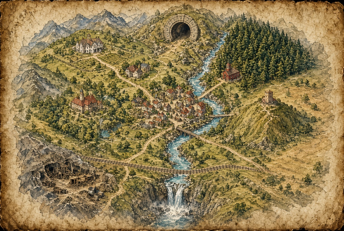 Painted map of the Countryside valley, after the author’s sketch